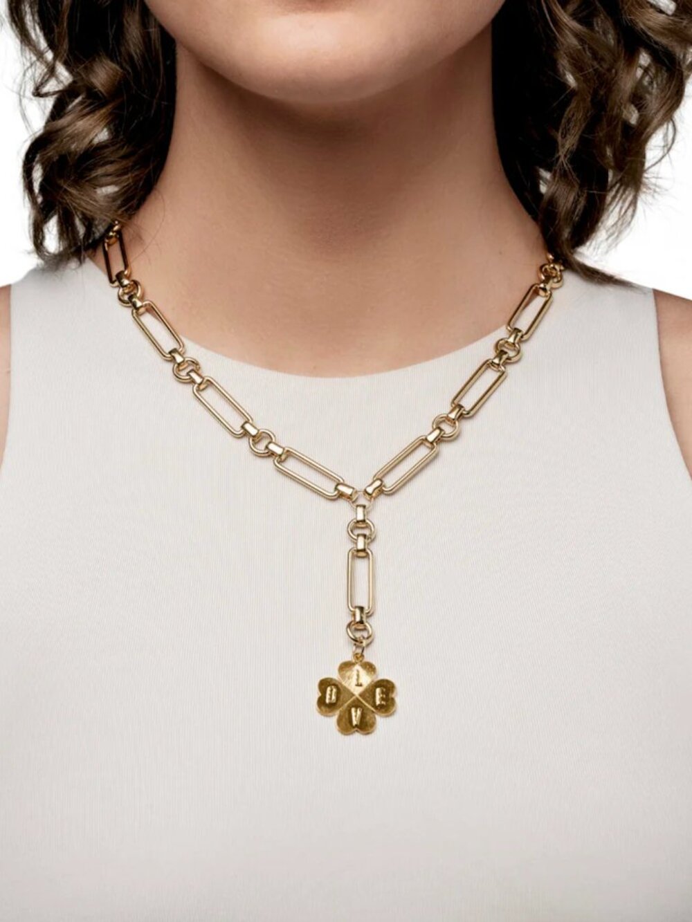 Love Clover Bold Link Lariat Necklace 24K Gold Plate NWOT